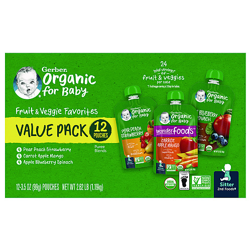 Gerber Organic 2nd Foods Baby Food Pouches, Assorted Flavors, 3.5 oz Pouch, 12/Carton (22002367)