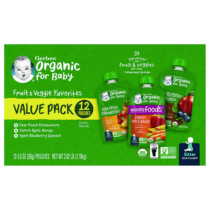 Gerber Organic 2nd Foods Baby Food Pouches, Assorted Flavors, 3.5 oz Pouch, 12/Carton (22002367)