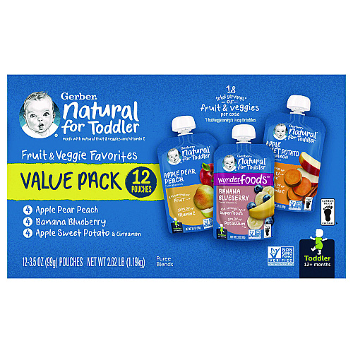 Gerber Natural Baby Food Pouches for Toddler 12+ Months, Assorted Flavors, 3.5 oz Pouch, 12/Carton (22002368)
