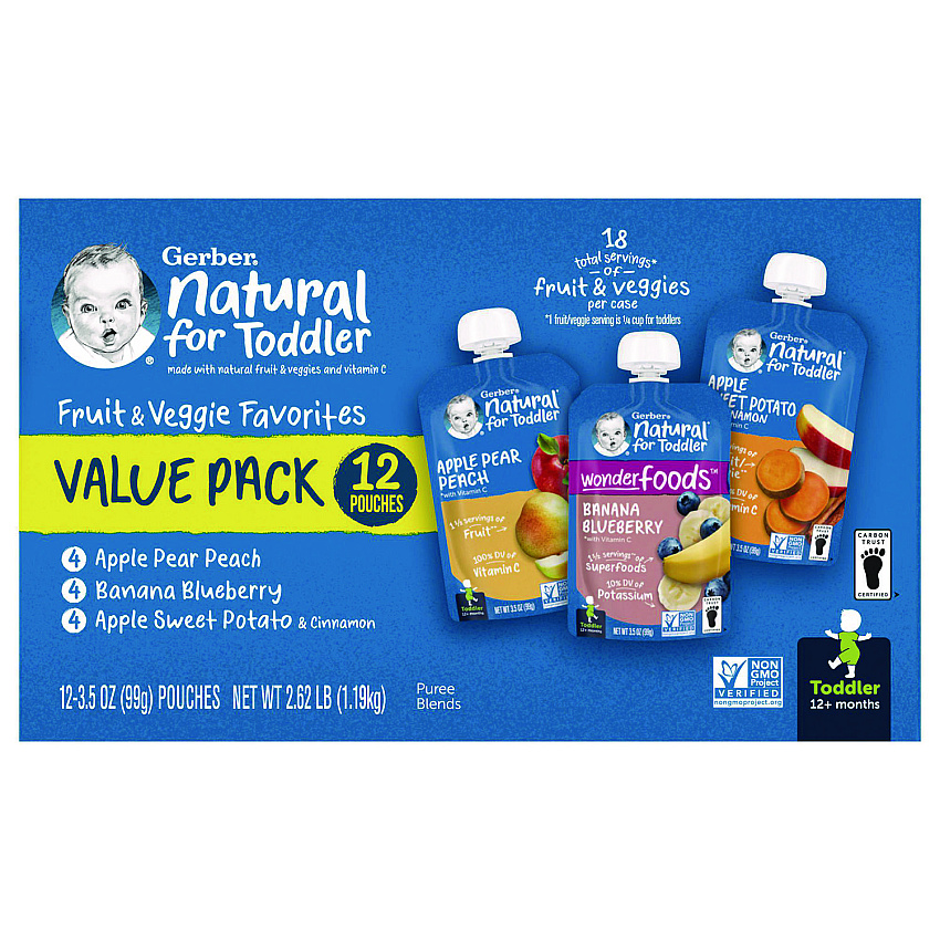 Gerber Natural Baby Food Pouches for Toddler 12+ Months, Assorted Flavors, 3.5 oz Pouch, 12/Carton (22002368)