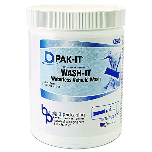 PAK-IT Wash It Waterless Vehicle Wash, Breezy Scent, 20 Water-Soluble Packets/Jar, 12/Carton (5555202240CT)