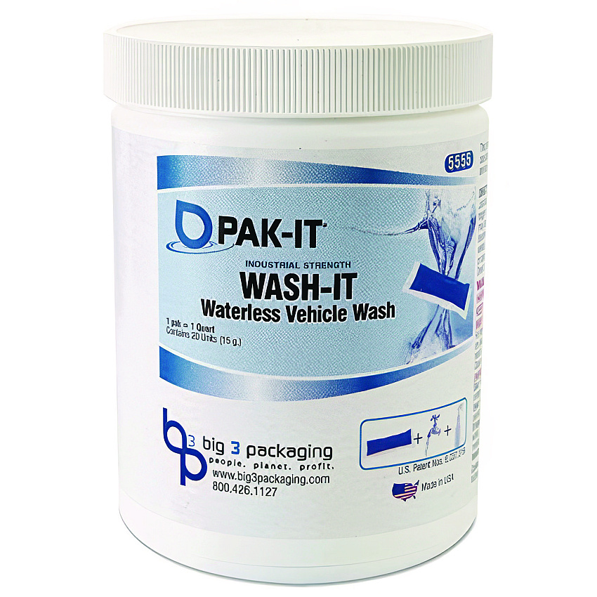 PAK-IT Wash It Waterless Vehicle Wash, Breezy Scent, 20 Water-Soluble Packets/Jar, 12/Carton (5555202240CT)