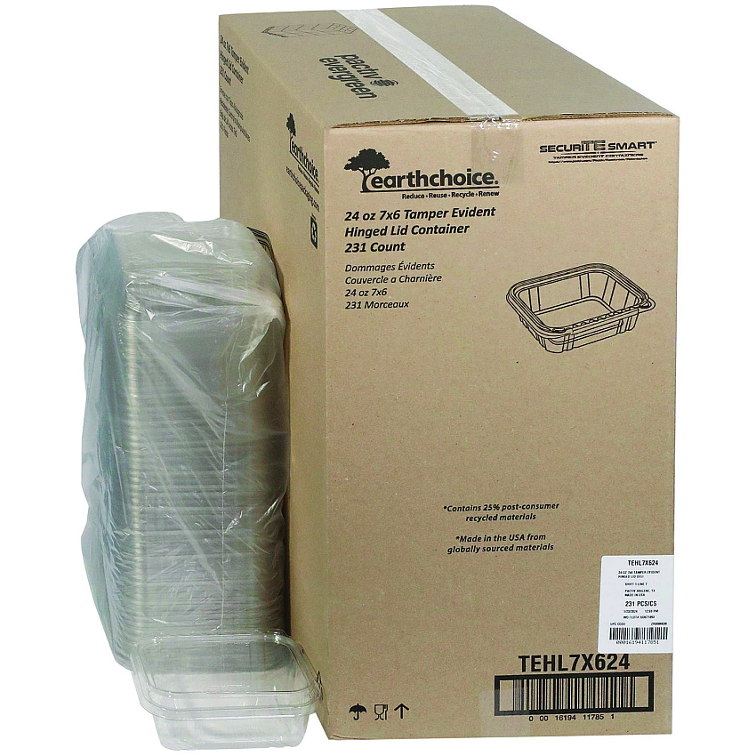 Pactiv EarthChoice Tamper Evident Recycled Hinged Lid Deli Container, 24 oz, 7.25 x 6.37 x 2, Clear, 231/Carton (TEHL7X624)