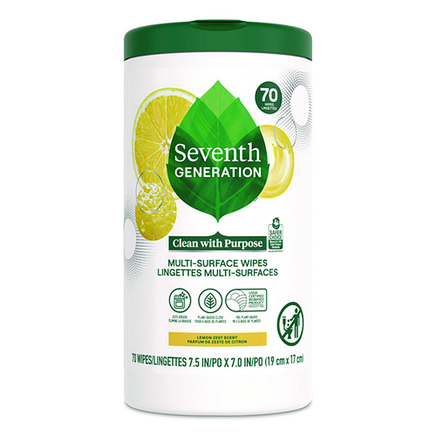 Seventh Generation Multi-Surface Wipes, 7 x 7, Lemon Zest, White, 70 Wipes/Canister, 6/Carton (69657417)