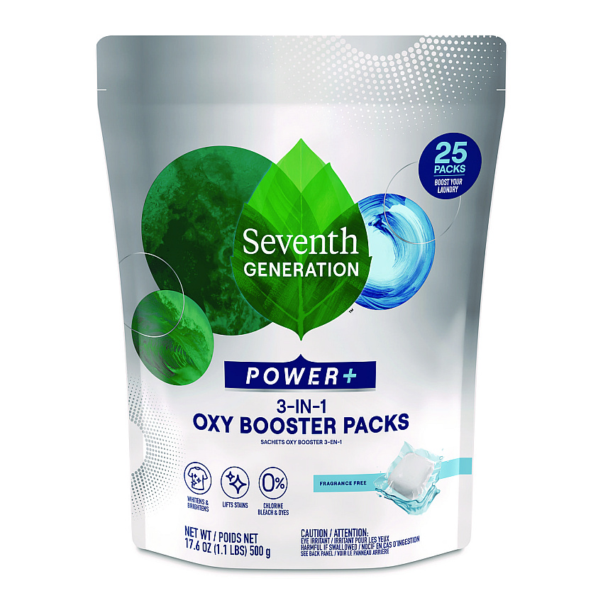 Seventh Generation Power+ 3-in-1 Oxy Booster Packs, Fragrance Free, 17.6 oz, 25 Tabs/Pack, 6 Packs/Carton (68927608)