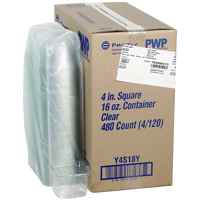 Pactiv PET Square Container, 16 oz, 4 x 4 x 3, Clear, Plastic, 480/Carton (4S18Y)
