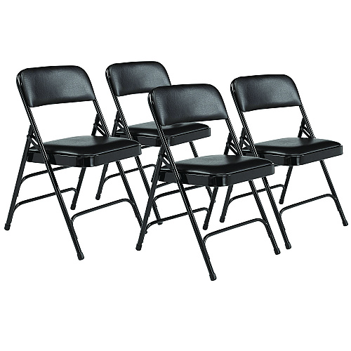 NPS 1300 Series Premium Vinyl Upholstered Triple Brace Double Hinge Folding Chair, Supports 500 lb, Black Seat/Back/Base, 4/Pack (1310)