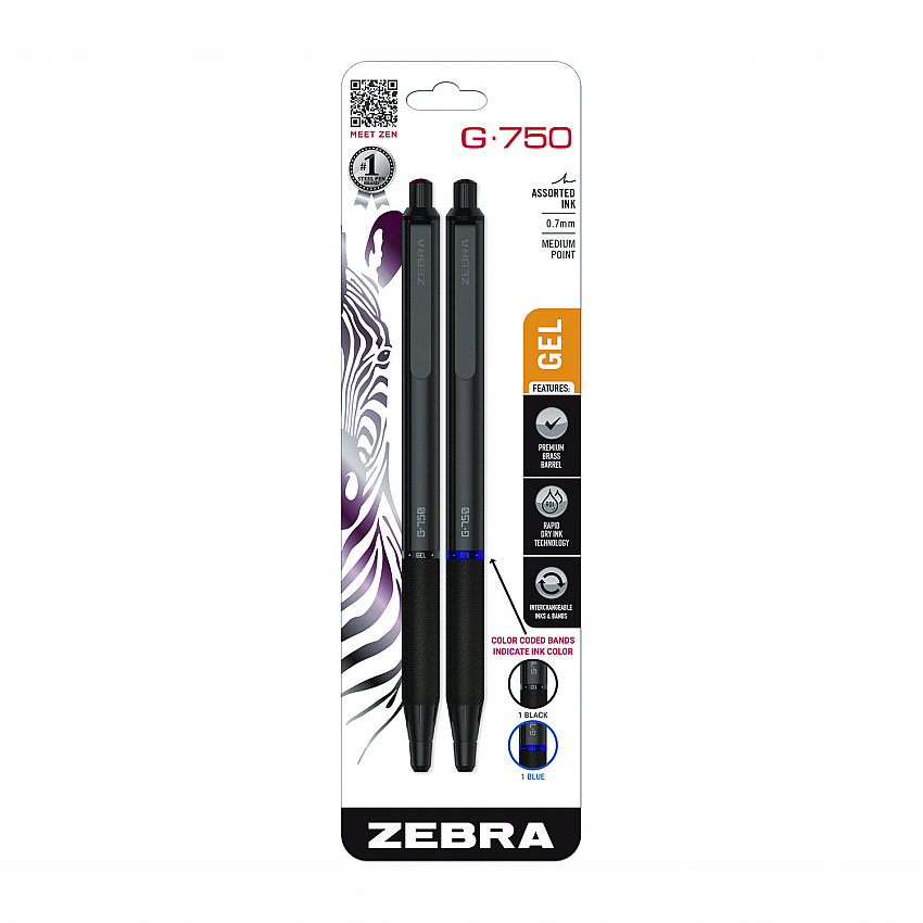 Zebra G-750 Gel Pen, Retractable, Medium 0.7 mm, Black; Blue Ink, Black Barrel, 2/Pack (49802)