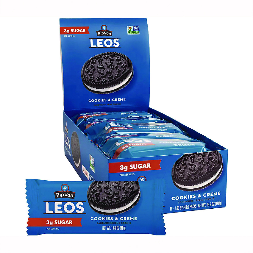 Rip Van Leos Cookies and Cream Sandwich Cookies, 2 Cookies/Pack, 10 Packs/Box (RVW62000)