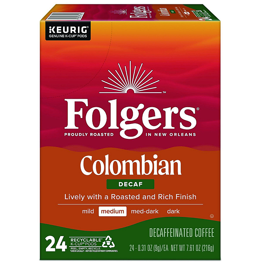 Folgers 100% Colombian Decaf Coffee K-Cups, 24/Box (0570)