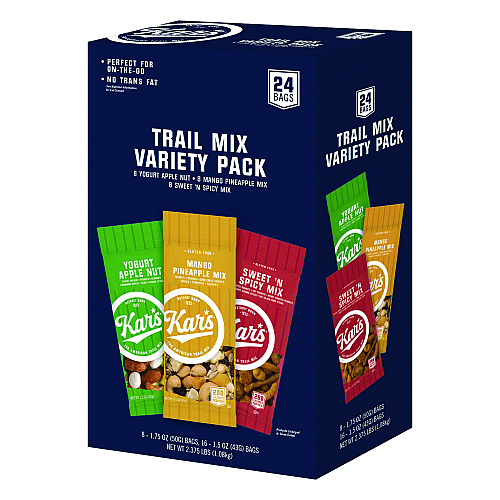 Kar's Trail Mix Variety Pack, Mango Pineapple/Sweet 'N Spicy/Yogurt Apple Nut, 24 Packets/Box (SN08361)