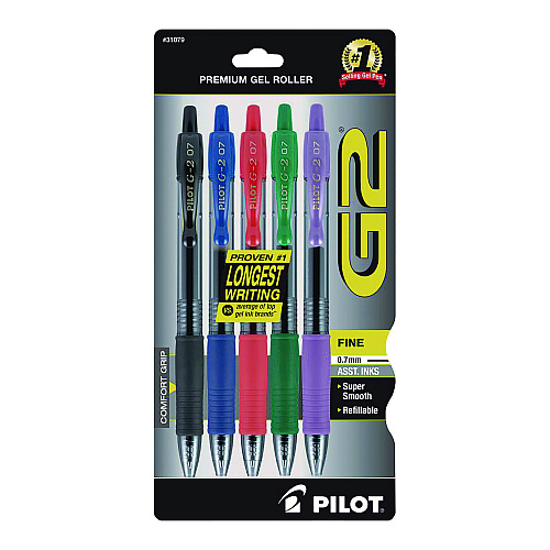 Pilot G2 Premium Gel Pen, Retractable, Fine 0.7 mm, Assorted Ink and Barrel Colors, 5/Pack (31079)