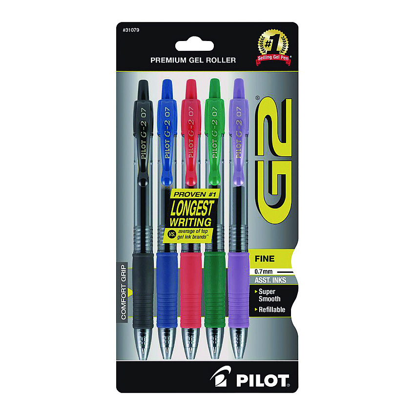 Pilot G2 Premium Gel Pen, Retractable, Fine 0.7 mm, Assorted Ink and Barrel Colors, 5/Pack (31079)
