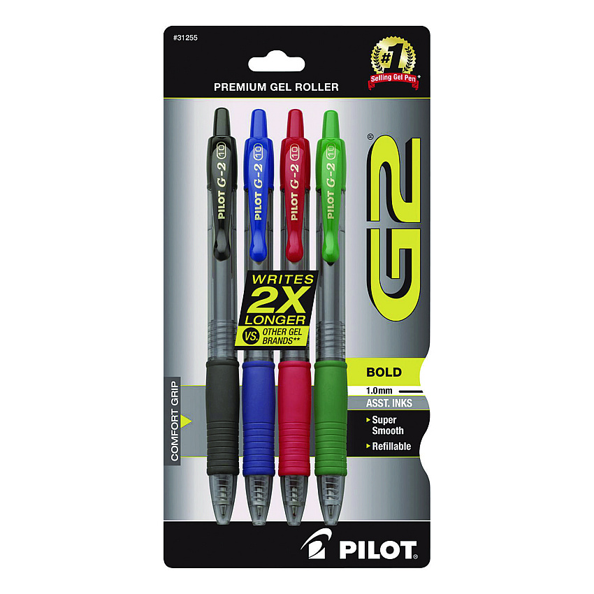 Pilot G2 Premium Gel Pen, Retractable, Bold 1 mm, Assorted Ink and Barrel Colors, 4/Pack (31255)
