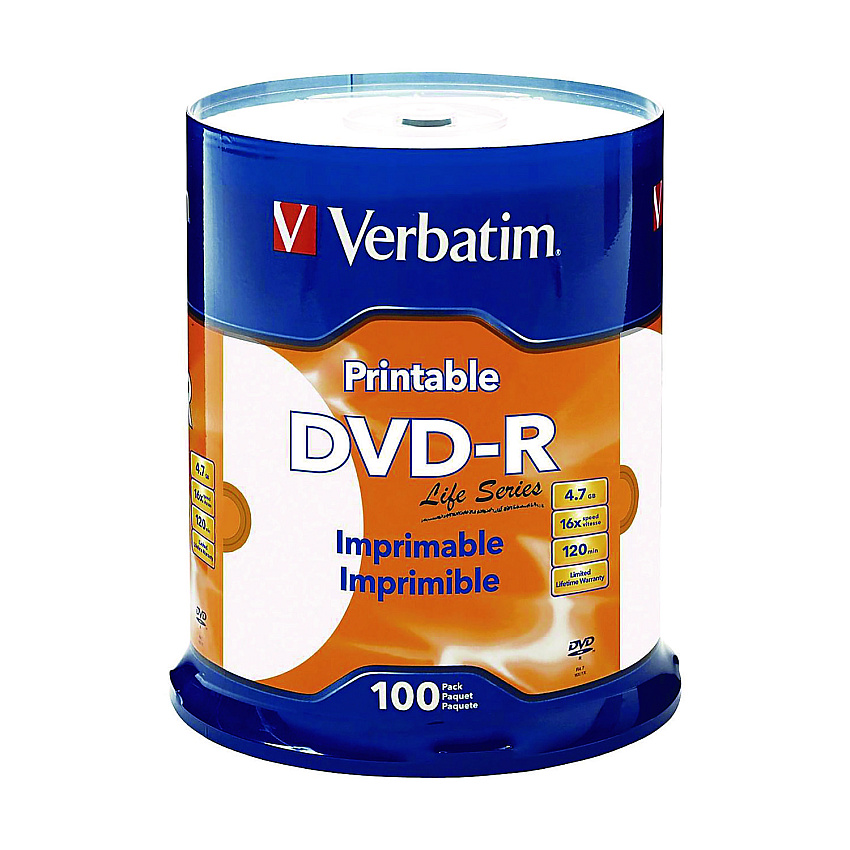 Verbatim DVD-R LifeSeries Inkjet Printable Disc, 4.7 GB, 16x, Spindle, White, 100/Pack (98491)