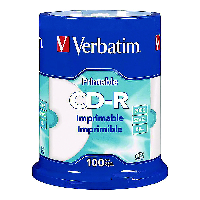 Verbatim CD-R Printable Recordable Disc, 700 MB/80 min, 52x, Spindle, White, 100/Pack (98493)