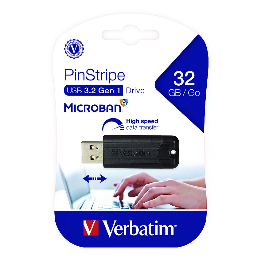Verbatim PinStripe USB 3.2 Flash Drive, 32 GB, Black (49317)