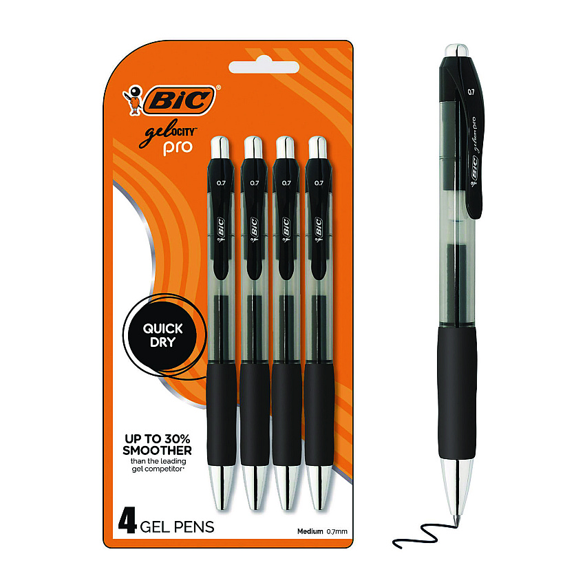 BIC Gel-ocity Pro Gel Pen, Retractable, Medium 0.7 mm, Black Ink, Translucent Black/Black Barrel, 4/Pack (RPGLP4BLK)