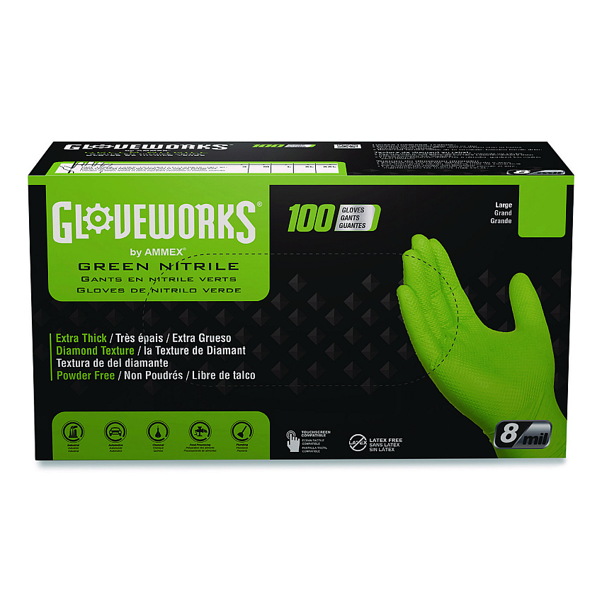 GloveWorks by AMMEX Heavy-Duty Industrial Nitrile Gloves, Powder-Free, XX-Large, 8 mil Thick, 9.5" Long, Green, 100/Box, 10 Boxes/Carton (GWGN49100CT)
