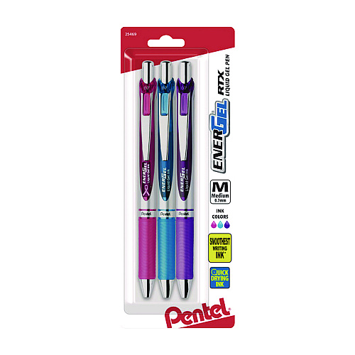 Pentel EnerGel RTX Gel Pen, Retractable, Medium 0.7 mm, Assorted Pastel Ink and Barrel Colors, 3/Pack (BL77BP3M1)