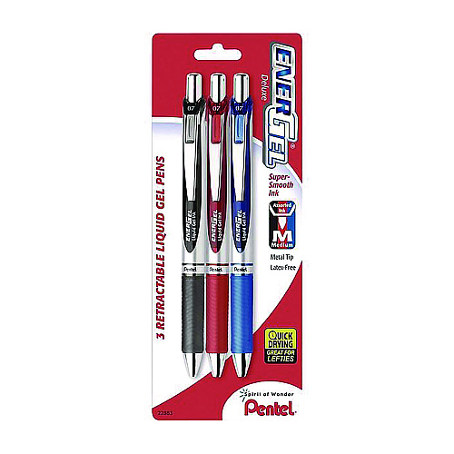 Pentel EnerGel RTX Deluxe Gel Pen, Retractable, Medium 0.7 mm, Assorted Ink and Barrel Colors, 3/Pack (BL77BP3M)