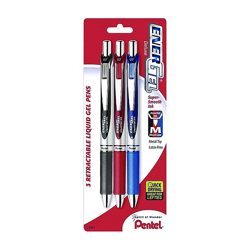Pentel EnerGel RTX Deluxe Gel Pen, Retractable, Medium 0.7 mm, Assorted Ink and Barrel Colors, 3/Pack (BL77BP3M)