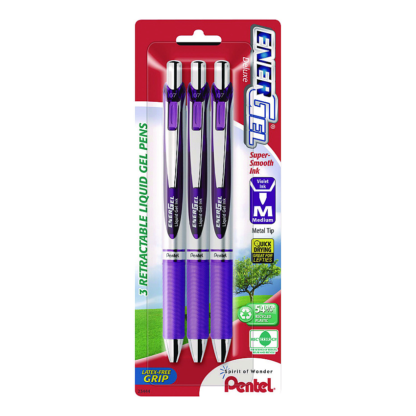 Pentel EnerGel RTX Deluxe Gel Pen, Retractable, Medium 0.7 mm, Purple Ink, Purple/Silver Barrel, 3/Pack (BL77BP3V)