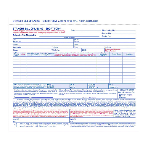 Adams Bill of Lading - Short Form for Up to Ten Articles, Three-Part Carbonless, 8.5 x 6.94, 50 Forms Total (9013)