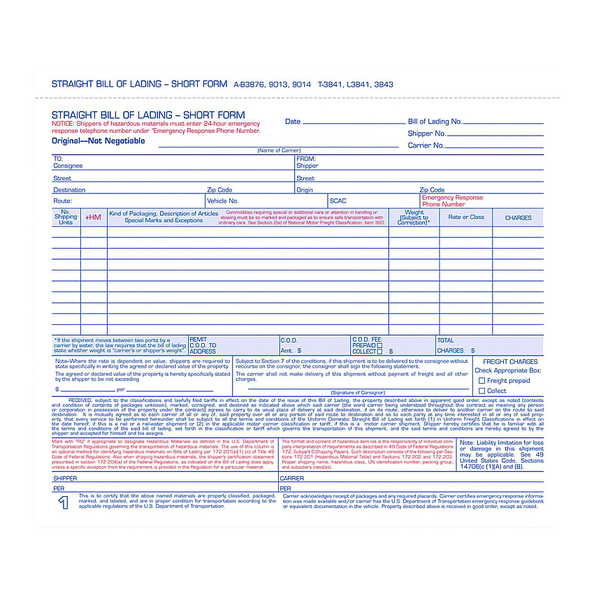 Adams Bill of Lading - Short Form for Up to Ten Articles, Three-Part Carbonless, 8.5 x 6.94, 50 Forms Total (9013)