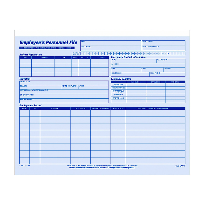 Adams Employee Personnel File Jacket, Unpunched, Straight Tab, Letter Size, Blue, 20/Pack (9287)