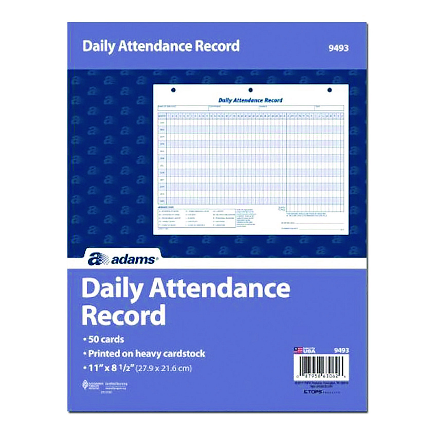 Adams Attendance Records, One Part (No Copies), 11 x 8.5, 50 Forms Total (9493)