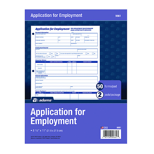 Adams Employment Applications, One-Part (No Copies), 11 x 8.38, 50 Forms/Pad, 2 Pads/Pack (9661)