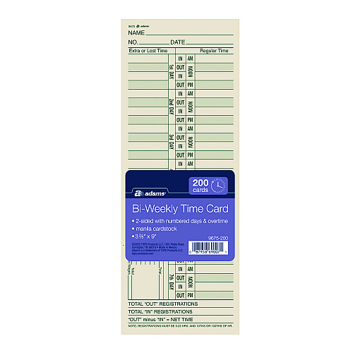 Adams Time Cards for Acroprint, Amano and Lathem Time Clocks, Two Sides, Bi-Weekly, 3.38" x 9", 200/Pack (9675200)
