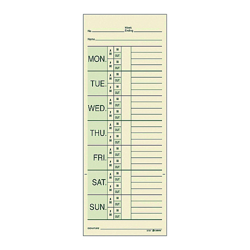 Adams Time Cards for Pyramid 1000 Time Clock, Two Sides, 3.38" x 9", 200/Pack (9791200)