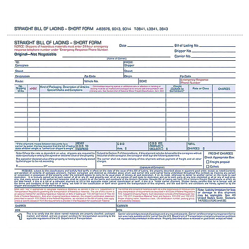 Adams Bill of Lading - Short Form for Up to Ten Articles, Three-Part Carbonless, 8.5 x 6.94, 250 Forms Total (B3876)