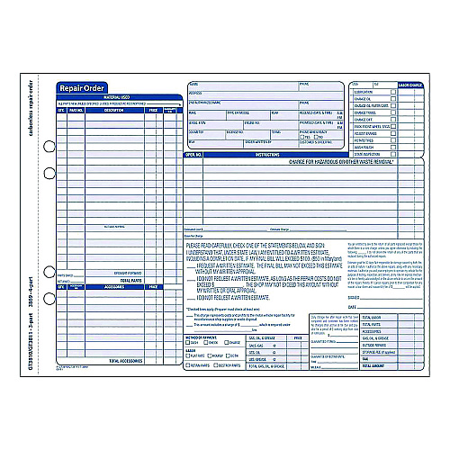 Adams Multipart Auto Repair Work Order Forms with Checklist for Routine Jobs, Three-Part Carbonless, 10.94 x 8.5, 50 Forms Total (GT3810)