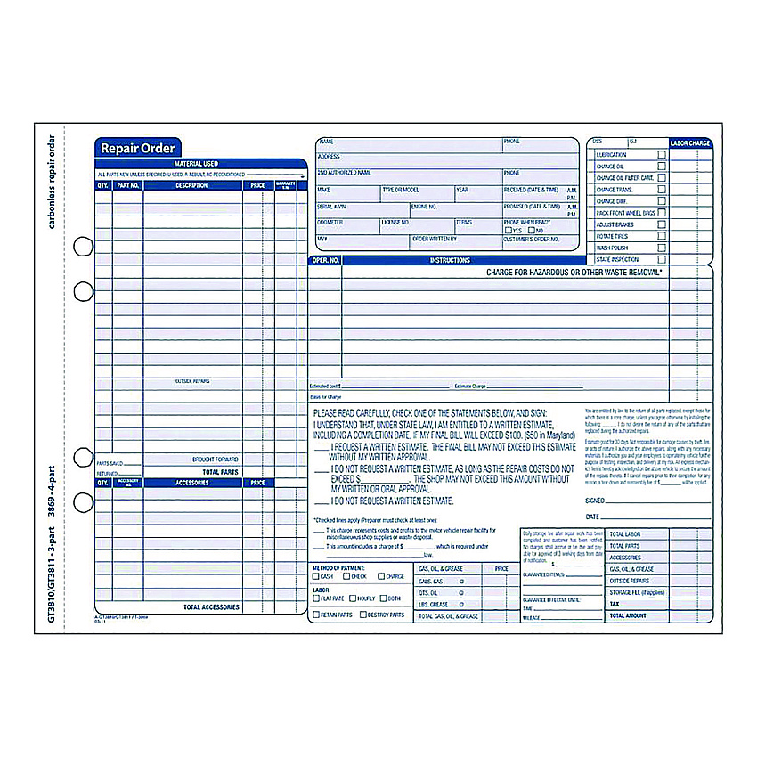 Adams Multipart Auto Repair Work Order Forms with Checklist for Routine Jobs, Three-Part Carbonless, 10.94 x 8.5, 50 Forms Total (GT3810)