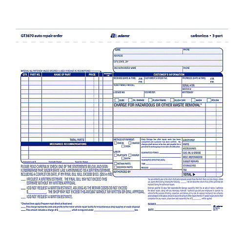 Adams Multipart Auto Repair Work Order Forms, Three-Part Carbonless, 8.5 x 6.94, 50 Forms Total (GT3870)