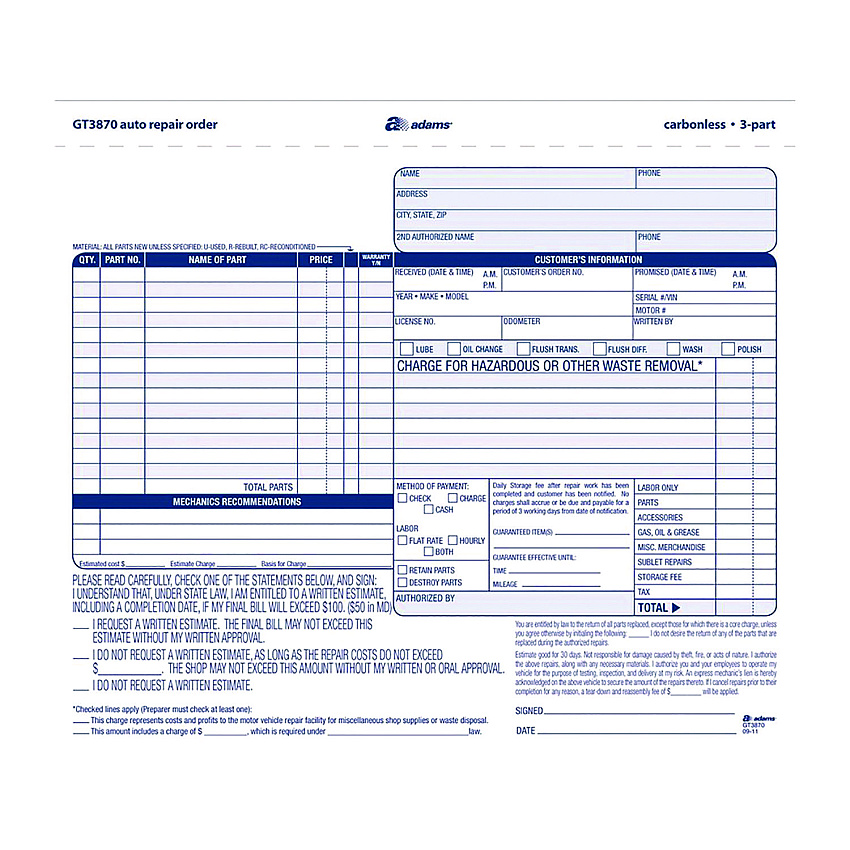 Adams Multipart Auto Repair Work Order Forms, Three-Part Carbonless, 8.5 x 6.94, 50 Forms Total (GT3870)