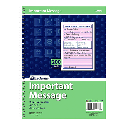 Adams Important Message Book, Two-Part Carbonless, 4 Forms/Sheet, 200 Forms Total (SC1184D)
