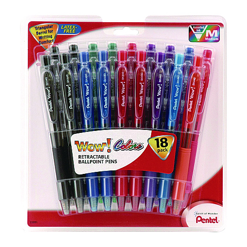 Pentel WOW! Ballpoint Pen, Retractable, Medium 1 mm, Assorted Ink and Barrel Colors, 18/Pack (BK440BP18M)