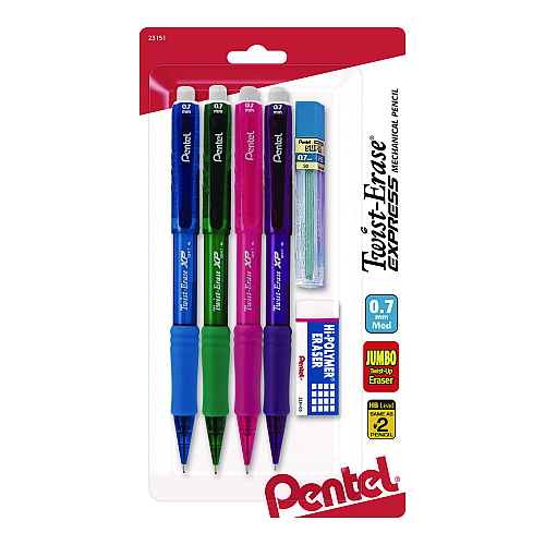 Pentel Twist Erase EXPRESS Mechanical Pencil, 0.7 mm, HB (#2), Black Lead, Assorted Color Barrels, 4/Pack (QE417FLZBP4)