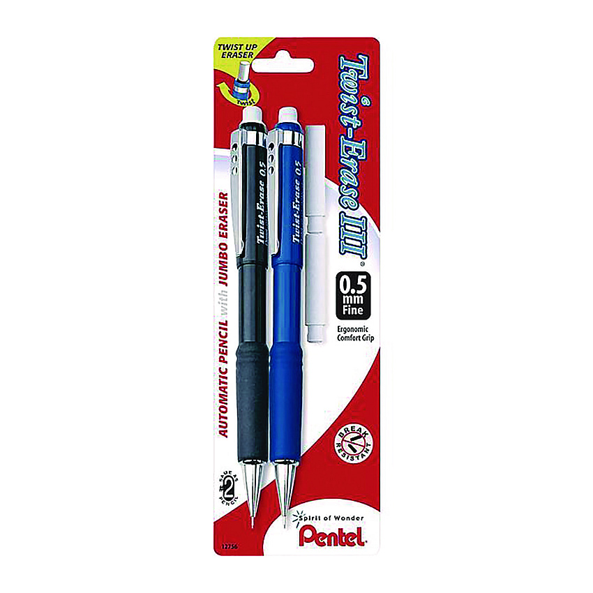 Pentel Twist-Erase III Mechanical Pencil, 0.5 mm, HB (#2), Black Lead, Black/Blue Barrel, 2/Pack (QE515BPK6)