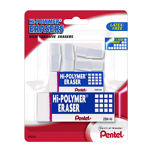 Pentel Hi-Polymer Eraser Assortment, (4) Pencil Caps/(1) Large Block/(1) Small Block, White, 6/Pack (ZEH2510BP)