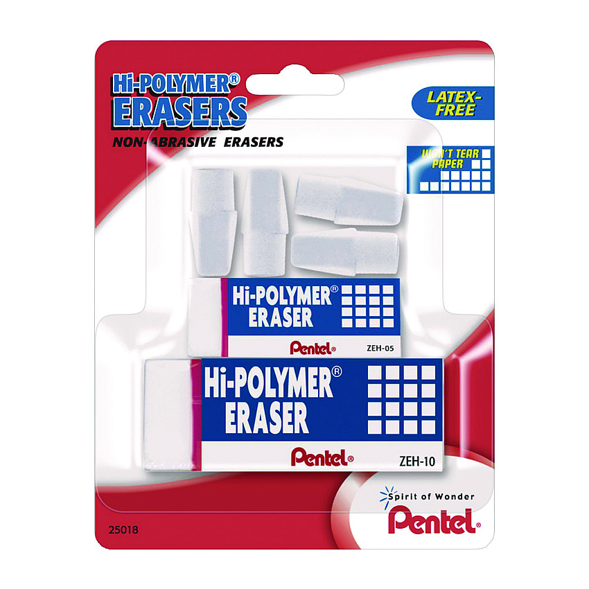 Pentel Hi-Polymer Eraser Assortment, (4) Pencil Caps/(1) Large Block/(1) Small Block, White, 6/Pack (ZEH2510BP)