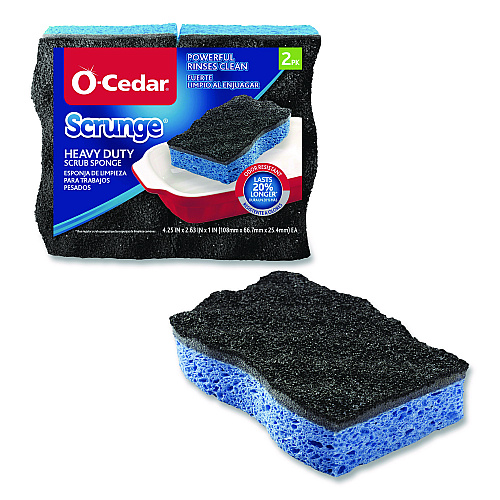 O-Cedar Scrunge Heavy-Duty Sponge, 2.63" x 4.25", 1" Thick, Black/Blue, 2/Pack, 8 Packs/Carton (148377CT)