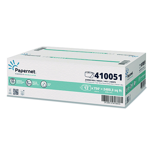 Papernet HyTech Seas Mini JRT, Septic Safe, 1-Ply, 3.3" x 750 ft, White, 6 Rolls/Carton (410051)