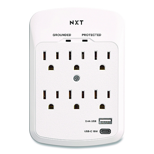 NXT Technologies 6-Outlet Plus USB Outlet Surge Protector, 6 AC Outlets/2 USB Ports, 900 J, White (NX61427)