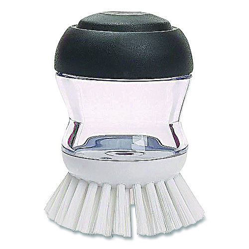 OXO Good Grips Soap Dispensing Palm Brush, Whie Nylon Bristles, 4" Brush, Clear/Black Handle (36481)