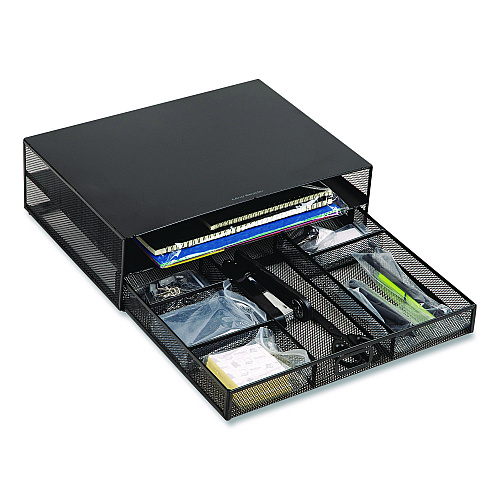 Mind Reader Multi-Tier Monitor Stand with 25-Piece Office Supplies Starter Pack, 15.75" x 11.75" x 4.5", Black, Supports 30 lb (MONSETBLK)